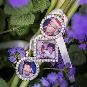 Wedding Photo Memory Bouquet Charm Bridal Traditional Bouquet Charm with Rhinestones Heart, Circle or Square image 3