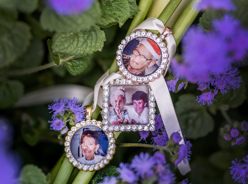 Wedding Photo Memory Bouquet Charm Bridal Traditional Bouquet Charm with Rhinestones Heart, Circle or Square image 3