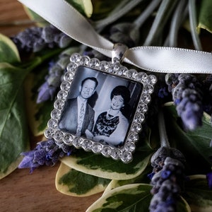 Wedding Photo Memory Bouquet Charm Bridal Traditional Bouquet Charm with Rhinestones Heart, Circle or Square Square