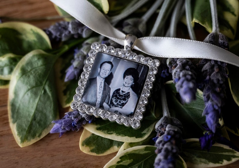 Wedding Photo Memory Bouquet Charm Bridal Traditional Bouquet Charm with Rhinestones Heart, Circle or Square Square