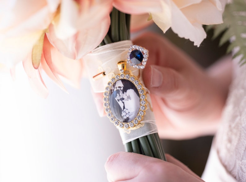 Deluxe Memorial Photo Charm for Bouquets A Personalised Wedding Gift for Her with Photo and 'Something Blue' image 1