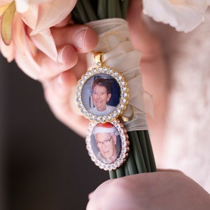 Wedding Photo Memory Bouquet Charm Bridal Traditional Bouquet Charm with Rhinestones Heart, Circle or Square image 1