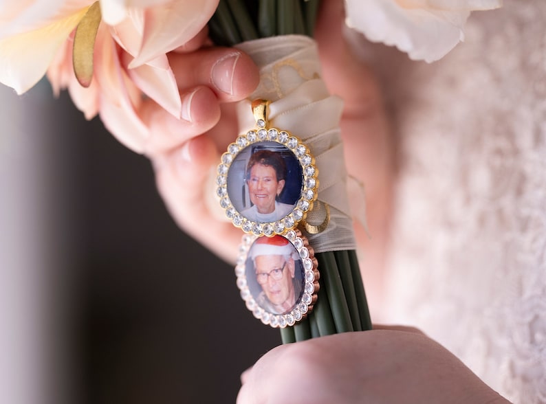 Wedding Photo Memory Bouquet Charm Bridal Traditional Bouquet Charm with Rhinestones Heart, Circle or Square image 1