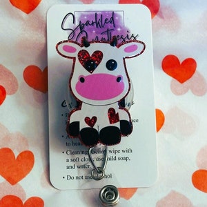 Cow badge reel, Heart cow badge reel, Valentines cow badge reel, Retractable badge reel, Nurses badge reel, Teachers badge reel