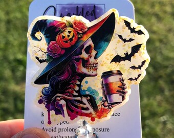 Witchy Skull Coffee Badge Reel, Halloween Skeleton Nurse ID Holder, Nightshift nurse, Retractable badge reel, Halloween badge reel