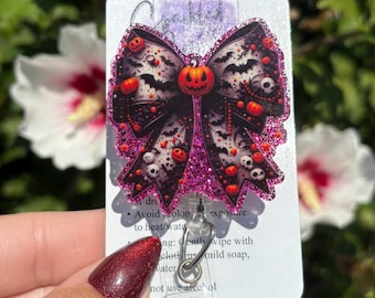 Halloween bow badge reel, coquette bow badge reel, retractable badge reel, halloween coquette bow, spooky bow badge reel, Cute spooky bow