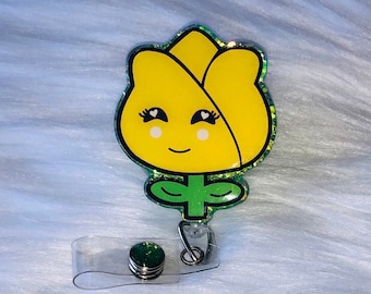 Carrete de insignia de tulipán amarillo con pinza de cocodrilo acrílica floral