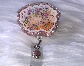 Floral Brain Badge Reel - Swivel Alligator Clip ID Holder