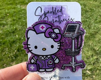 Paarse verpleegkundige kitty badgehaspel, schattige verpleegkundige badge, kawaii medische badgehaspel, glitter verpleegkundige badge, ID-houder voor zorgverlener, hk verpleegkundigenbadge