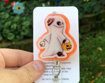 Halloween Ghost Badge Reel, Trick-or-Treater with Pumpkin, Glitter Back