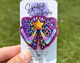 Colorful Cheer Bow Badge Reel, Glitter Cheerleader Bow Badge Holder, Cheer Coach Gift, Acrylic Badge Reel, Teacher Nurse ID Holder
