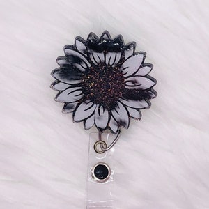 Sunflower, Cow print Sunflower Badge Reel with Alligator Clip, Floral Badge Reel, Sunflower Retractable Badge Reel, Black & White sunflower