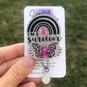 I&#39;m a survivor badge reel, Breast Cancer awareness badge reel, Pink ribbon badge reel, Cancer survivor badge reel