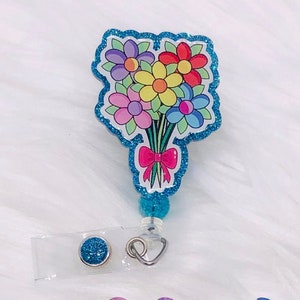 Bobine de badge pour bouquet de fleurs multicolores - Porte-badge floral avec fleurs éclatantes - Porte-badge rétractable - Infirmière, enseignante, accessoire d'identification
