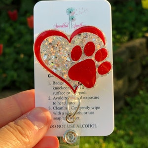 Heart Dog Paw Badge Reel - Red Vinyl with Silver Glitter Cute ID Holder for Dog Lovers - Dog Paw Badge Holder - Veterinarian Work ID Badge
