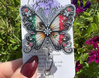 Mexican Flag Badge reel, Mexican Pride badge reel, Retractable badge reel, Nurses badge reel, Teachers badge reel, Mexico flag butterfly