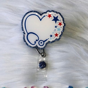 USA Stethoscope, Red White and Blue Heart Shaped Stethoscope Badge Reel, Nurse Gift, Medical Badge Reel, Nurse Badge Holder, Nurse Badge ID