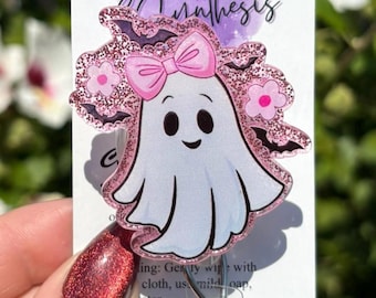 Porta credencial de Halloween con forma de fantasma rosa y lazo, retráctil, con lazo rosa y fantasma, kawaii y de enfermera.
