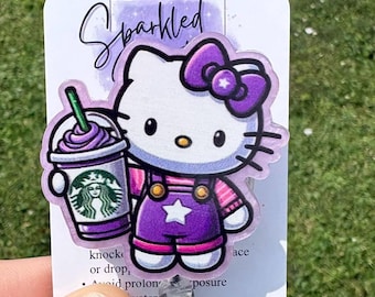Cute Coffee Kitty Badge Reel, Purple Coffee Lover Badge Holder, Kawaii Badge Reel, Coffee Lover Gift, Handmade Acrylic Badge Reel