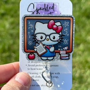 Teacher Kitty Retractable Badge Reel: Glittery Chalkboard Design