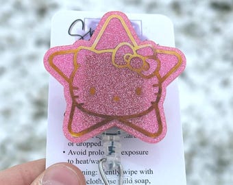 Porta credenciales rosa con forma de gatito y estrella, porta credenciales con lazo brillante, porta credenciales kawaii adorable, porta credenciales coqueta, porta credenciales para enfermeras y maestras, linda estrella de gatito