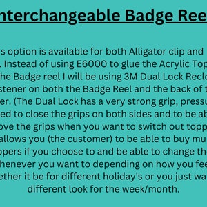 May include: Text explaining how to use a 3M Dual Lock Reclosable Fastener to attach interchangeable toppers to a badge reel. The text mentions that the fastener has a strong grip and that it is easy to switch out toppers.