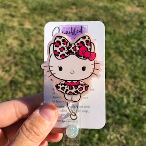 Kawaii kitty badge reel, Leopard dress kitty badge, Cute kitty badge reel, Nurses badge reel, Teachers badge reel, Retractable badge reel