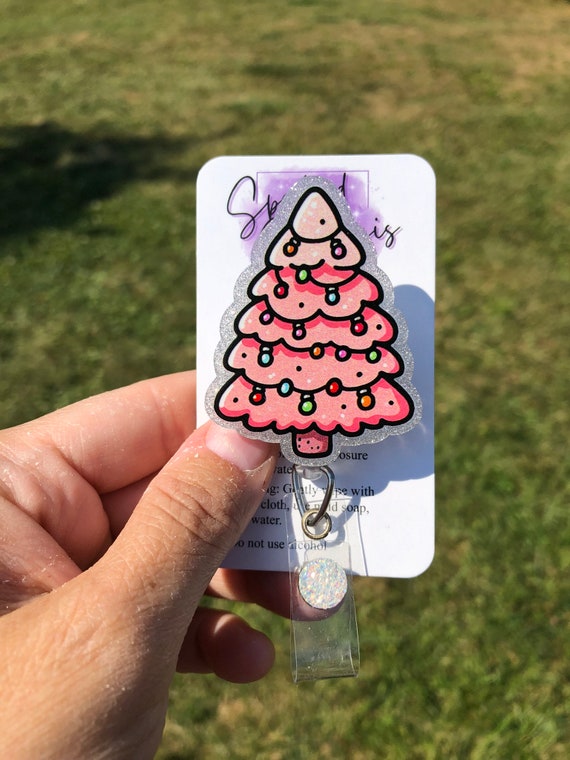 Pink Christmas Tree, Christmas tree retractable badge reel, Christmas badge reel, Nurses badge reel, Medical badge reel, Teachers badge