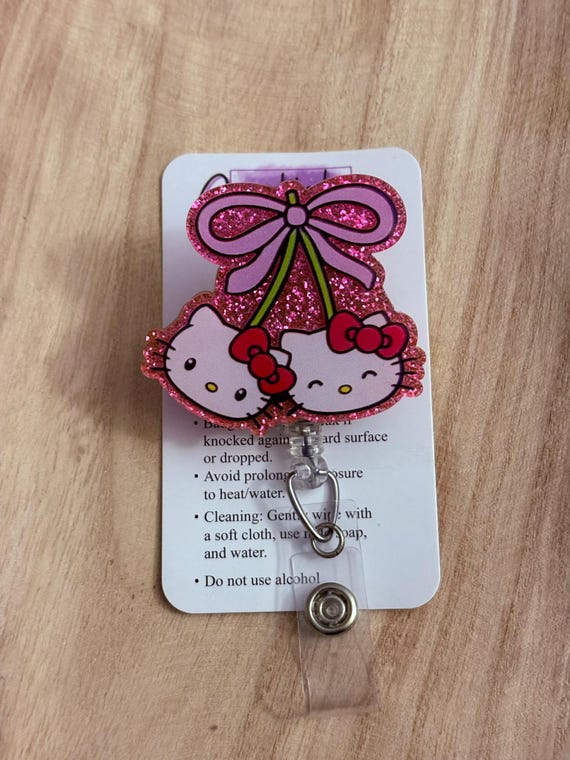 Kawaii Cherries, Coquette badge reel, Kawaii kitty badge reel, HK badge reel, Coquette kitty, Cherry badge reel, Nurses badge reel