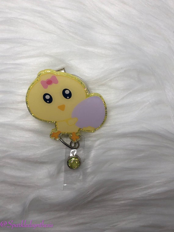 Chick With Egg, Attached to Alligator Clip, Badge Reel, Nurse Gift