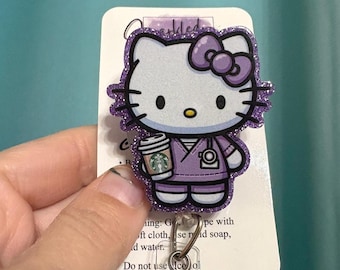 Purple Kitty Nurse Coffee Badge Reel, Kawaii Healthcare Retractable Reel