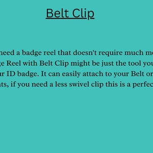 Op de afbeelding: Tekst op een turquoise achtergrond die "Belt Clip" luidt. De tekst hieronder legt uit dat deze badge-rol ideaal is voor mensen die niet veel beweging nodig hebben. Het kan aan een riem of taille worden bevestigd.
