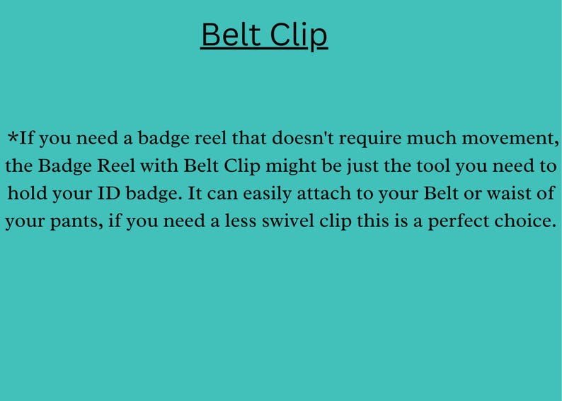 Op de afbeelding: Tekst op een turquoise achtergrond die "Belt Clip" luidt. De tekst hieronder legt uit dat deze badge-rol ideaal is voor mensen die niet veel beweging nodig hebben. Het kan aan een riem of taille worden bevestigd.