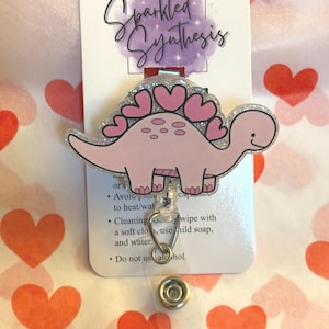 Cute pink dinosaur, Dinosaur badge reel, Dino with hearts badge reel, Teachers badge reel, Nurses badge reel, Dinosaur retractable badge