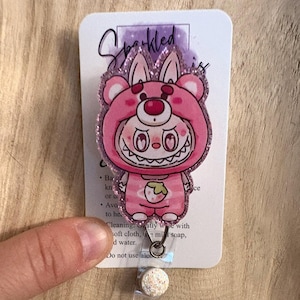 Pink bunny bear badge reel, Monster bunny badge reel, Pink labu badge reel, labu badge reel, nurses badge reel, teachers badge reel