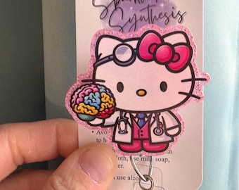 Neurologie-badgehaspel Kawaii Kitty, hersendokter-badgehouder, neuroverpleegkundige-badgereel, schattige medische badge, glitter-badgereel, intrekbaar