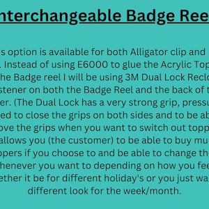 May include: Text explaining how to use a 3M Dual Lock Reclosable Fastener to attach interchangeable toppers to a badge reel. The text mentions that the fastener has a strong grip and that it is possible to buy multiple toppers and change them as desired.
