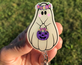 Portabadge fantasma fosforescente, cestino di zucca floreale