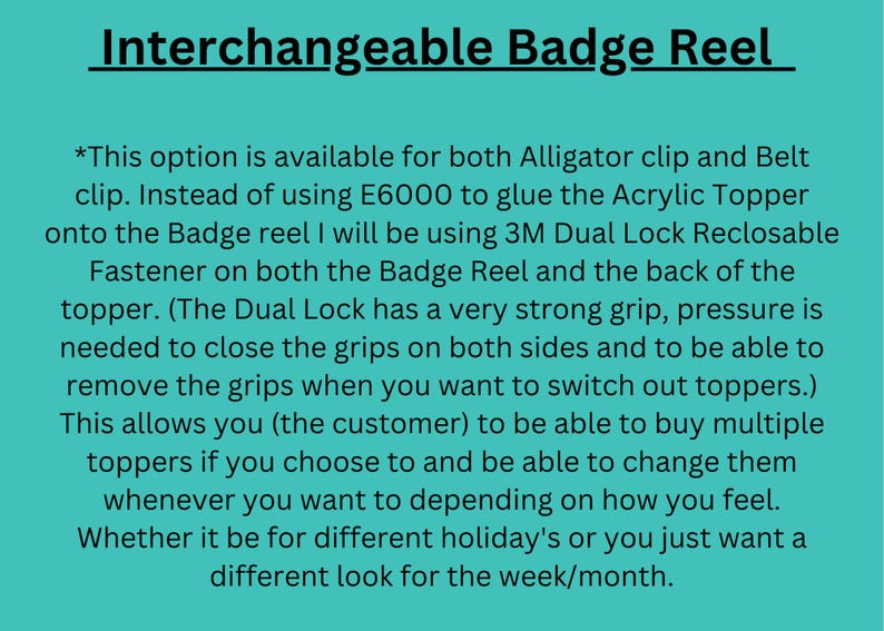 Op de afbeelding: Tekst die uitlegt hoe je een 3M Dual Lock-sluiting met herhaalde sluiting gebruikt om verwisselbare toppers aan een badge-reel te bevestigen. De tekst vermeldt dat de sluiting een sterke grip heeft en dat het mogelijk is om meerdere toppers te kopen en ze naar wens te verwisselen.