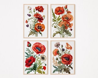 Perfect Poppies Art Print Set | Set of 4 Gallery Wall Prints | Farmhouse Wall Art | Vibrant Watercolor Poppy Art | DIGITAL Download | 5002