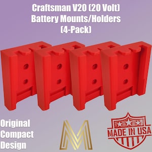 Craftsman V20 Battery Holder | 4-Pack 20V Battery Mount Bracket | Original Compact Design | Customizable Colors | 3D-Printed | Made in USA