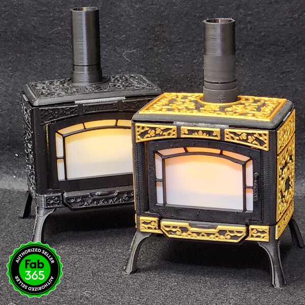 Mini Fireplace | Dollhouse Miniature | LED Lights | Christmas Decor | Black/Gold | 3D-Printed | Made in USA | Fab365