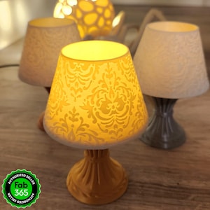 May include: Three table lamps with white shades. The lamp on the left has a white shade with a simple design. The lamp in the center has a yellow shade with a white floral pattern. The lamp on the right has a white shade with a simple design.