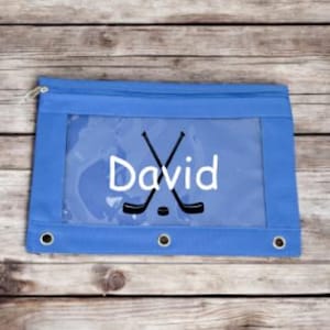 Personalized Binder Pencil Pouch - Custom Hockey Ball Back to School Supply - Sports Supply Holder - Crayon Supply Bag - Black Blue Pink