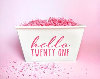 Personalized Custom Plastic Hello Twenty One Gift Basket - 21st Birthday Bin - Girls Party Decoration