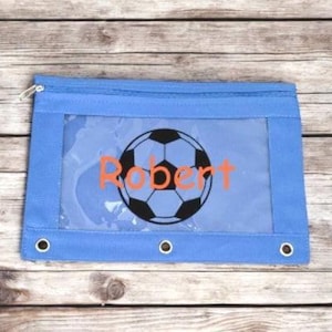 Personalized Binder Pencil Pouch - Custom Soccer Ball Back to School Supplies - Sports Supplies Holder - Crayon Supply Bag - Black Blue Pink