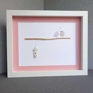 Sea Glass Love Birds with Sea Pottery Bird House - Sea Glass Art Picture - Upcycled Art