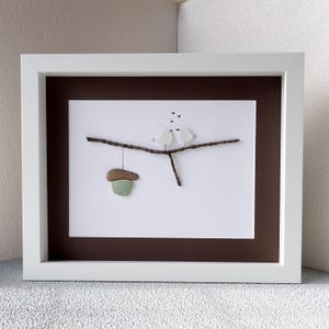 Sea Glass Love Birds with Green Sea Pottery Bird House - Sea Glass Art Picture - Upcycled Art
