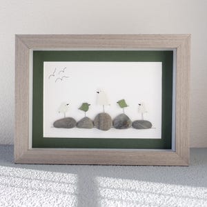 Five Green and White Sea Glass Birds on Rocks - Sea Glass Art Picture - Upcycled Art