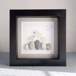 Three Sea Glass Birds on Rocks - Sea Glass Art Picture - Upcycled Art